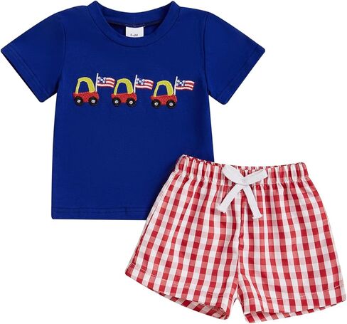 طفل رضيع الرابع من يوليو ملابس العلم الأمريكي القميص القصيرة الأكمام مشبك السراويل الرابع من يوليو ملابس طفل صغير in Kuwait