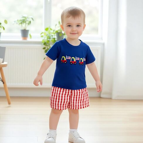 طفل رضيع الرابع من يوليو ملابس العلم الأمريكي القميص القصيرة الأكمام مشبك السراويل الرابع من يوليو ملابس طفل صغير in Kuwait