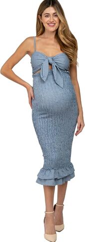 PinkBlush Gingham Print Smocked Fitted Self-Tie Maternity Midi Dress in Saudi Arabia