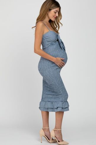 PinkBlush Gingham Print Smocked Fitted Self-Tie Maternity Midi Dress in Saudi Arabia