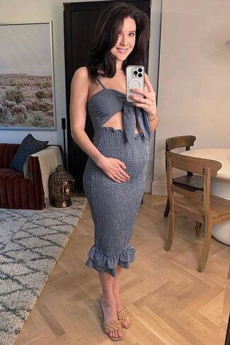 PinkBlush Gingham Print Smocked Fitted Self-Tie Maternity Midi Dress in Saudi Arabia