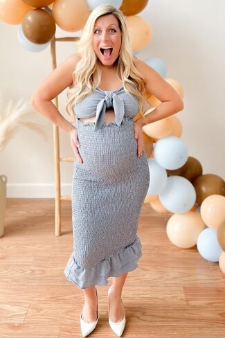 PinkBlush Gingham Print Smocked Fitted Self-Tie Maternity Midi Dress in Saudi Arabia