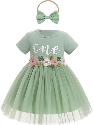 IBTOM CASTLE Baby Girl 1st Birthday Outfit One Year Old Princess Embroidered Tulle Tutu Dress and Headband for Cake Smash in Saudi Arabia
