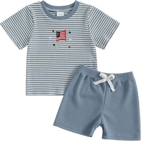 Toddler Baby Boy 4th of July Outfit Flag/Popsicle Embroidered Stripe Short Sleeve Waffle Knit T Shirt and Shorts Set in Saudi Arabia
