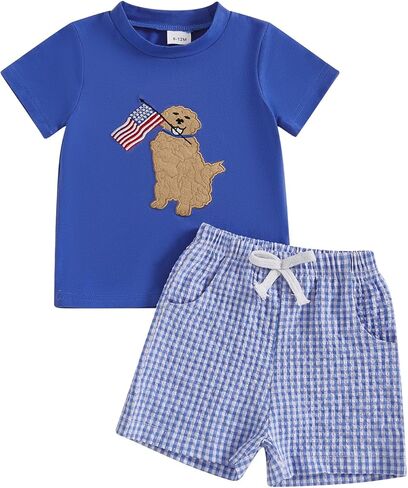 Toddler Baby Boy 4th of July Clothes Flag Dog Embroidery Short Sleeve T-shirt Plaid Stripe Shorts Set Hunting Outfit in Kuwait