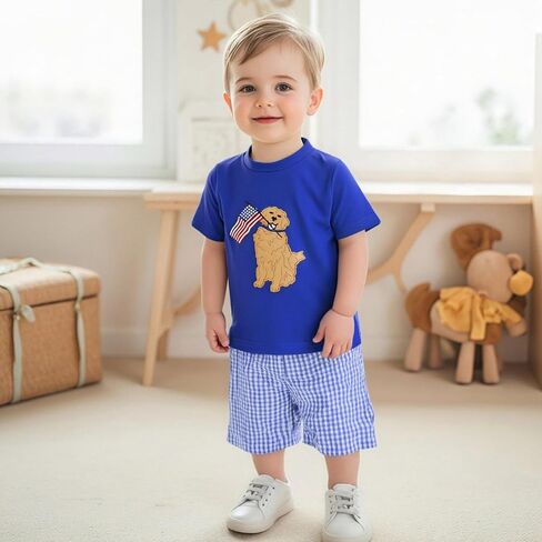 Toddler Baby Boy 4th of July Clothes Flag Dog Embroidery Short Sleeve T-shirt Plaid Stripe Shorts Set Hunting Outfit in Kuwait