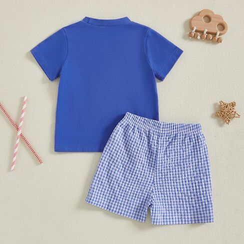Toddler Baby Boy 4th of July Clothes Flag Dog Embroidery Short Sleeve T-shirt Plaid Stripe Shorts Set Hunting Outfit in Kuwait