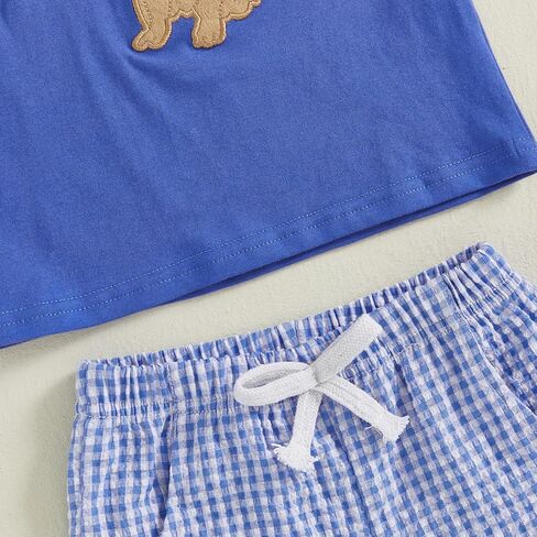 Toddler Baby Boy 4th of July Clothes Flag Dog Embroidery Short Sleeve T-shirt Plaid Stripe Shorts Set Hunting Outfit in Kuwait