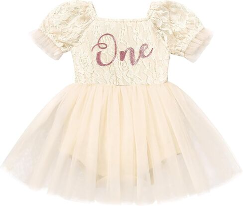 AWIBMK Lace Baby One Romper First Birthday Girl Outfit Puff Sleeve Tutu Dress Headband Cake Smash Photoshoot Outfits in Saudi Arabia