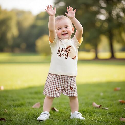 Adobabirl Toddler Baby Boy Football Outfit Short Sleeve Rugby Embroidery Tshirt with Plaid Shorts Boutique Summer Clothes in Saudi Arabia