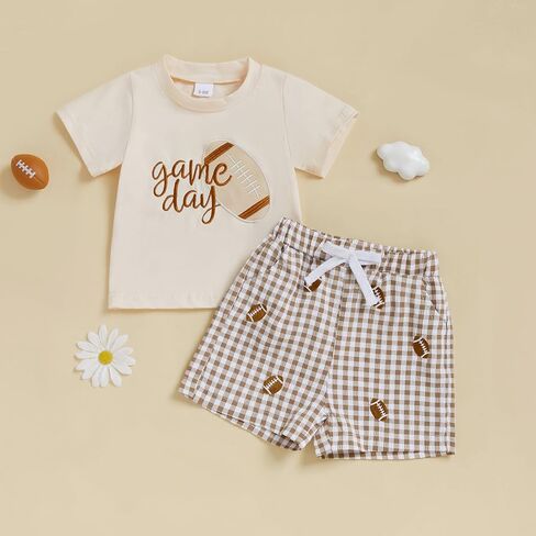 Adobabirl Toddler Baby Boy Football Outfit Short Sleeve Rugby Embroidery Tshirt with Plaid Shorts Boutique Summer Clothes in Saudi Arabia