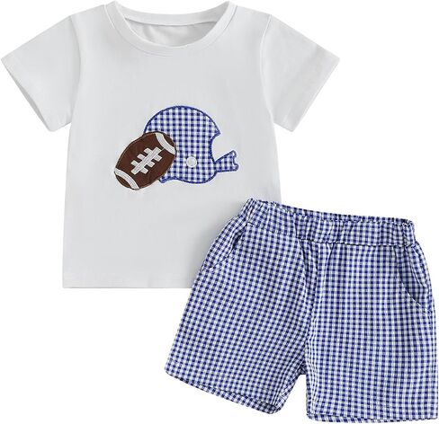 Adobabirl Toddler Baby Boy Football Outfit Short Sleeve Rugby Embroidery Tshirt with Plaid Shorts Boutique Summer Clothes in Saudi Arabia