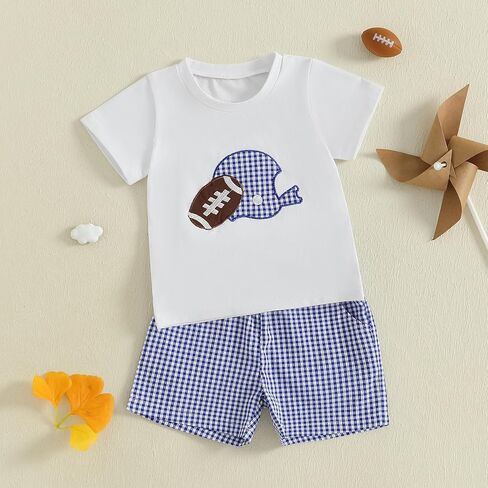 Adobabirl Toddler Baby Boy Football Outfit Short Sleeve Rugby Embroidery Tshirt with Plaid Shorts Boutique Summer Clothes in Saudi Arabia