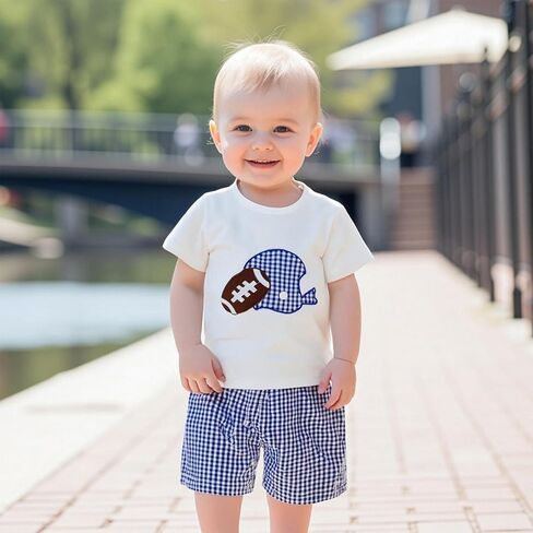 Adobabirl Toddler Baby Boy Football Outfit Short Sleeve Rugby Embroidery Tshirt with Plaid Shorts Boutique Summer Clothes in Saudi Arabia