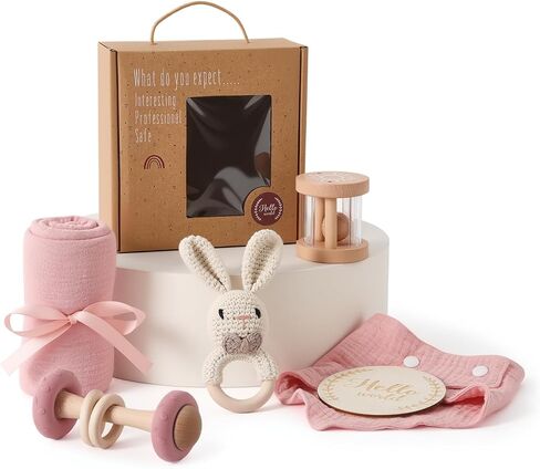 WOODEN TEETHER 6 pcs Baby Gift Set for Newborn Pink Baby Shower Gifts for Girls Baby Girl Gift Basket - Adorable & Safe Newborn Essentials in Saudi Arabia