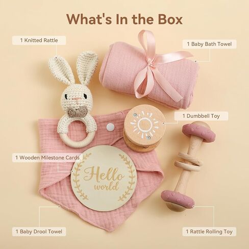 WOODEN TEETHER 6 pcs Baby Gift Set for Newborn Pink Baby Shower Gifts for Girls Baby Girl Gift Basket - Adorable & Safe Newborn Essentials in Saudi Arabia