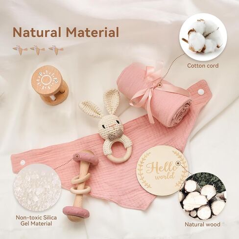 WOODEN TEETHER 6 pcs Baby Gift Set for Newborn Pink Baby Shower Gifts for Girls Baby Girl Gift Basket - Adorable & Safe Newborn Essentials in Saudi Arabia