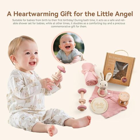 WOODEN TEETHER 6 pcs Baby Gift Set for Newborn Pink Baby Shower Gifts for Girls Baby Girl Gift Basket - Adorable & Safe Newborn Essentials in Saudi Arabia