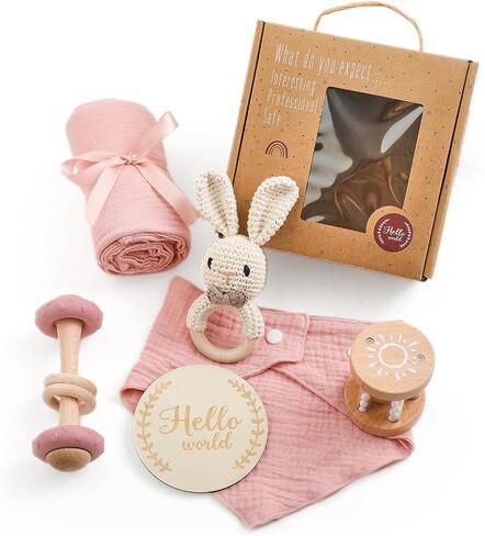 WOODEN TEETHER 6 pcs Baby Gift Set for Newborn Pink Baby Shower Gifts for Girls Baby Girl Gift Basket - Adorable & Safe Newborn Essentials in Saudi Arabia