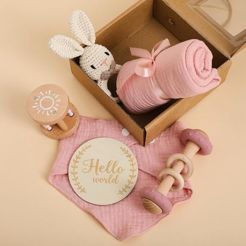 WOODEN TEETHER 6 pcs Baby Gift Set for Newborn Pink Baby Shower Gifts for Girls Baby Girl Gift Basket - Adorable & Safe Newborn Essentials in Saudi Arabia