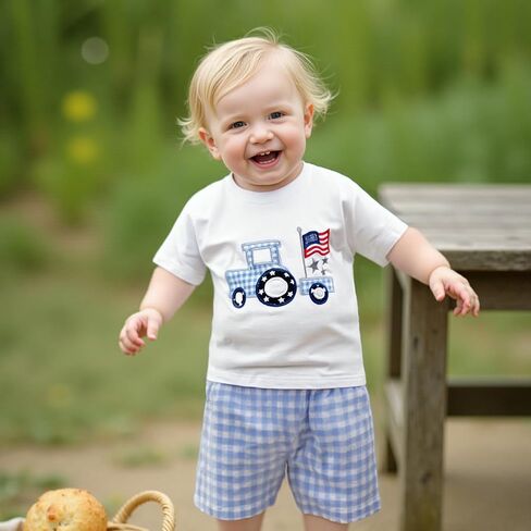 Kuriozud Toddler Baby Boy 4th Of July Outfit Truck American Flag T-shirt Top Red White Bule Shorts Set Fourth Of July Clothes in Saudi Arabia