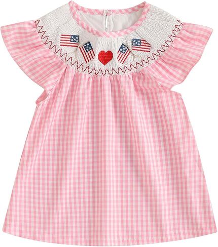 Baby Girl 4th of July Outfit Toddler US Flag Smocked Dress Short Sleeve Plaid Fourth of July Dress for Kids in Saudi Arabia