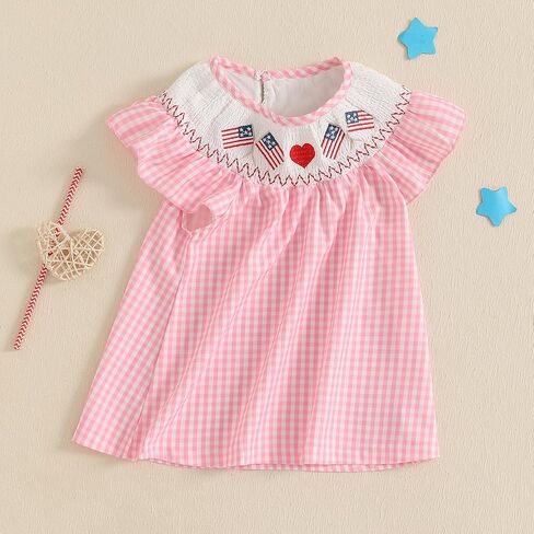 Baby Girl 4th of July Outfit Toddler US Flag Smocked Dress Short Sleeve Plaid Fourth of July Dress for Kids in Saudi Arabia