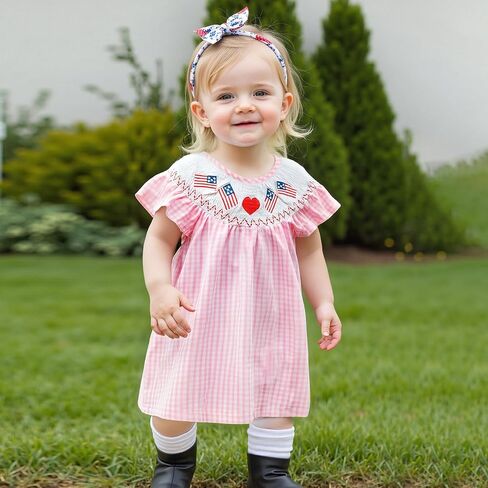 Baby Girl 4th of July Outfit Toddler US Flag Smocked Dress Short Sleeve Plaid Fourth of July Dress for Kids in Saudi Arabia