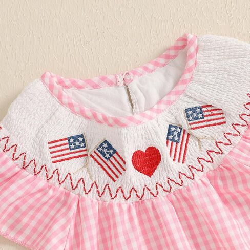 Baby Girl 4th of July Outfit Toddler US Flag Smocked Dress Short Sleeve Plaid Fourth of July Dress for Kids in Saudi Arabia