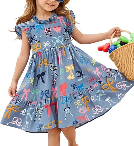 Little Bitty Girls Floral Dress Boho Ruffle Sleeveless Dresses Pleated Casual Swing Beach Sundress for Kids 2-7 Years in Saudi Arabia