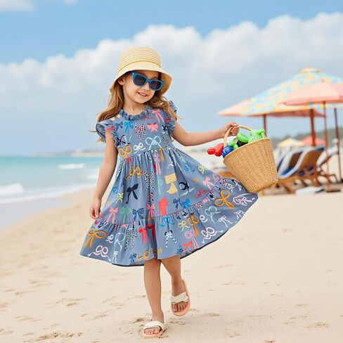 Little Bitty Girls Floral Dress Boho Ruffle Sleeveless Dresses Pleated Casual Swing Beach Sundress for Kids 2-7 Years in Saudi Arabia