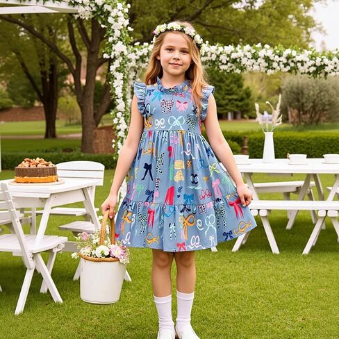 Little Bitty Girls Floral Dress Boho Ruffle Sleeveless Dresses Pleated Casual Swing Beach Sundress for Kids 2-7 Years in Saudi Arabia