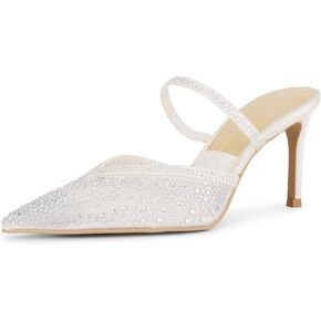 Mesh Kitten Heels Mules for Women Pointed Closed Toe Dressy Sexy Strappy Slip on Stiletto Low Heel Comfort Pumps Shoes