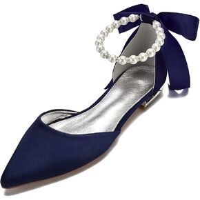 Women Wedding Bridal Shoe Comfort Flat Satin Pearls Shoes Pointed Toe Ankle Strap Prom Evening Party Pumps