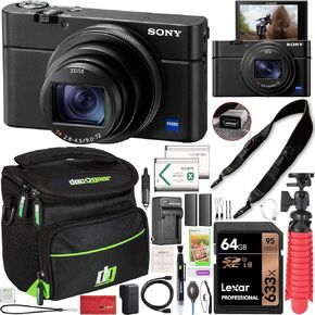 Sony Cyber-Shot RX100 VII RX100M7 4K UHD Camera DSC-RX100M7 w/Zeiss 24-200mm Zoom Lens Power Bundle with Deco Photo Strap w/Built in Camera Charging + 2X Battery + Case + Tripod Grip & Accessories