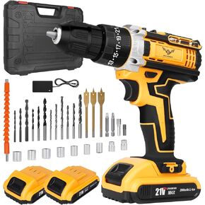 Cordless Drill Set 21V, Electric Screwdriver with 2 Batteries 2000mAh, 25+3 Torque Cordless Hammer Drill, 2-Speed, 42N.m Max, LED Work Light for Home and Garden DIY Project