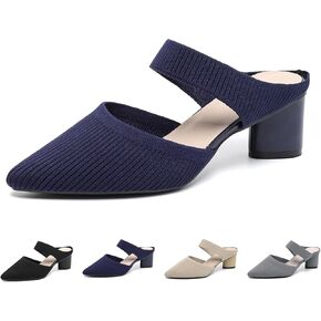 Women's Knit Pointed Toe Chunky Heel Mules Fashion Mesh Breathable Closed Toe Backless Block Heel Slip On Dressy Pumps Summer Casual Work Office Wedding Heeled Sandals