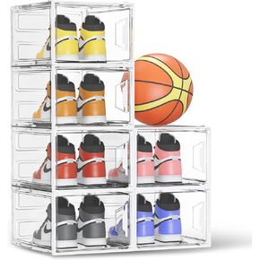 Thicken & Sturdy 6-Sided Hard Shoe Storage Boxes Fit Size 13, White Plastic Stackable Shoe Organizer for Closet, Shoe Rack & Holder Sneaker Container, Clear White 6Pack