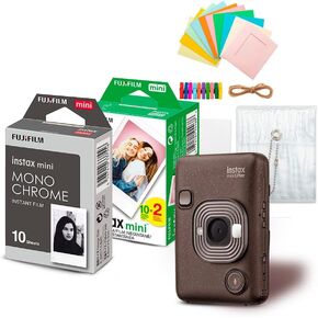 Fujifilm Instax Mini LiPlay Hybrid Instant Camera and Smartphone Printer (Deep Bronze) Bundle with Instax Mini Twin Film Pack (20 Exposures), Instax Mini Monochrome Film, and Accessory Kit (4 Items)
