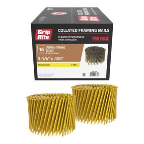 Grip Rite Prime Guard GRC12PD 15-deg Bright Wire Coil Nails, Smooth 3-1/4-inch by .120 (2,500 per Pack), Steel, Flat, Smooth