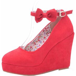 Women's Wedge Heels, 11 Cm Suede Pumps Waterproof Platform Shallow Mouth Round Head Red Wedding Shoes High Heel Single Shoes,34 EU,Red