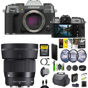 Fujifilm X-T50 Mirrorless Digital Camera Body Bundle With Sigma 56mm f/1.4 DC DN Contemporary Lens for Fuji-Film X + 64GB Memory Card + Camara Bag + Vlogging Tripod + More Accessories -Charcoal Silver