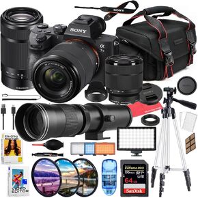 Sony a7 III Mirrorless Camera with 28-70mm & 55-210mm Lens + Accessory Package with 420-800mm, LED Light, Filters, 64GB Extreme SD, Case, & Editing Software Package (Renewed)