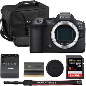 Canon EOS R6 Mark II جسم الكاميرا بدون مرآة فقط حزمة مع Canon 200es EOS الكتف الكتف + 64 جيجابايت بطاقة ذاكرة Pro Extreme