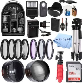 58mm Accessory Bundle for Canon EOS Rebel T7, T6, T5, T3, T100, 4000D, 2000D, 3000D and More with 128GB SanDisk Memory Card, Wide Angle Lens, Telephoto Lens, Tripod, Backpack W/Inspire Digital Cloth