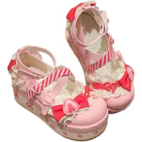 Women's Kawaii Cute Bow Strawberry Cake Lace Chunky Mary Jane Heels – Round Toe Lolita Y2K Aesthetic Platform Wedge Shoes with Sweet Bow & Heart Decor