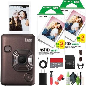 Fujifilm INSTAX Mini LiPlay Hybrid Instant Camera Bundle with 2X Fuji Instax Mini Instant Film 40 Sheets, 32GB Micro SD Card + Cleaning Kit + Flexible Tripod + More Accessories (Deep Bronze)
