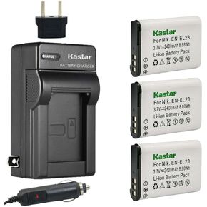 Kastar 3-Pack Battery and AC Charger with Car Adapter Compatible with Nikon EN-EL23 Battery, MH-67 Charger, Nikon Coolpix B700, Coolpix P600, P610, P610s, Coolpix P900, P900s, Coolpix S810c Camera