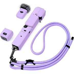 Pocket 3 Case & Neck Lanyard, Silicone Protective Case Cover Lens Screen Protector Compatible with DJI Osmo Pocket 3 Creator Combo, Adjustable Easy Carry Strap for DJI Pocket 3 - Purple