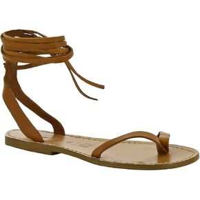 Handmade Flat Strappy Sandals in tan Calf Leather